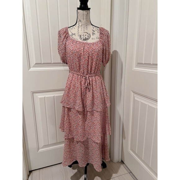 NWOT Sweet Rain Young Contemporary Pink Tiered Floral Puff Sleeve Midi Dress XL - Picture 1 of 10